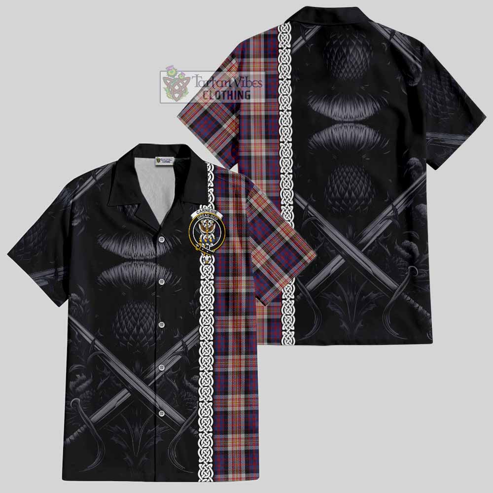 Carnegie Tartan Hawaiian Shirt with Family Crest Cross Sword Thistle Celtic Vibes - Tartan Vibes Clothing