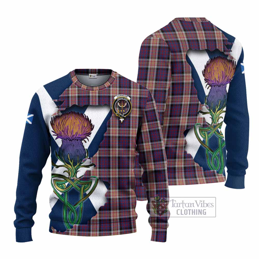Tartan Vibes Clothing Carnegie Tartan Family Crest Knitted Sweater Scottish Thistle Celtic Inspired