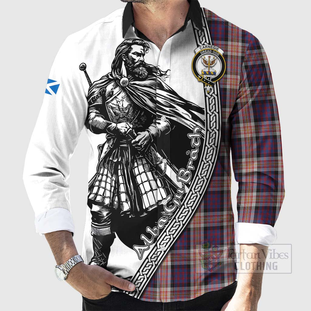 Carnegie Tartan Clan Crest Long Sleeve Button Shirt with Highlander Warrior Celtic Style - Tartan Vibes Clothing