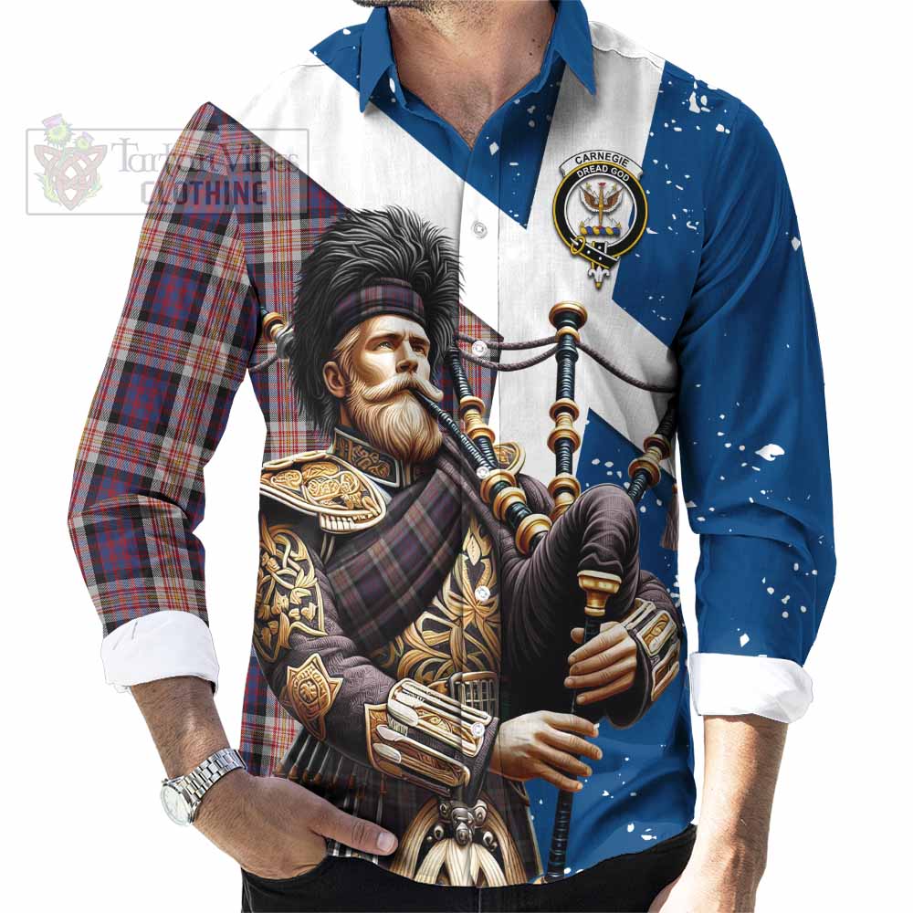 Carnegie Tartan Long Sleeve Button Shirt with Family Crest Scottish Bagpiper Vibes - Tartan Vibes Clothing