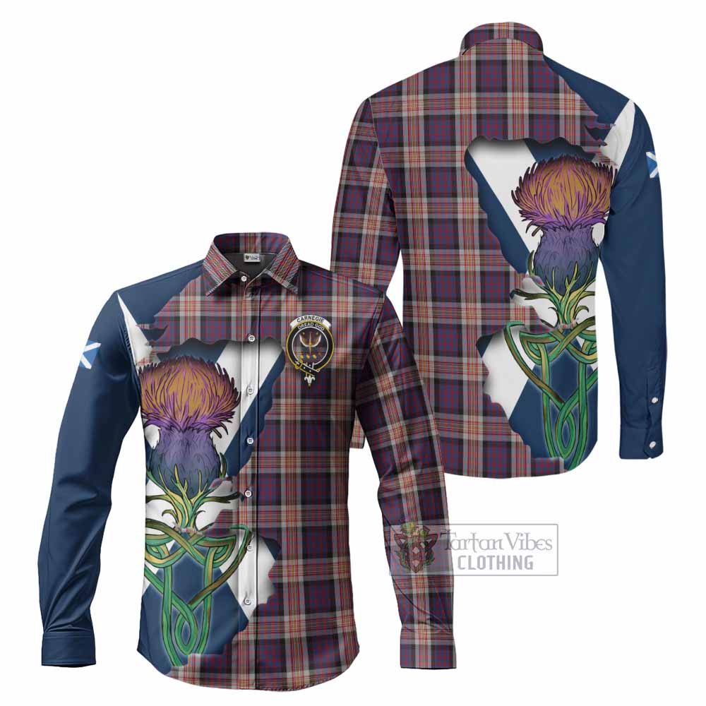 Tartan Vibes Clothing Carnegie Tartan Family Crest Long Sleeve Button Shirt Scottish Thistle Celtic Inspired