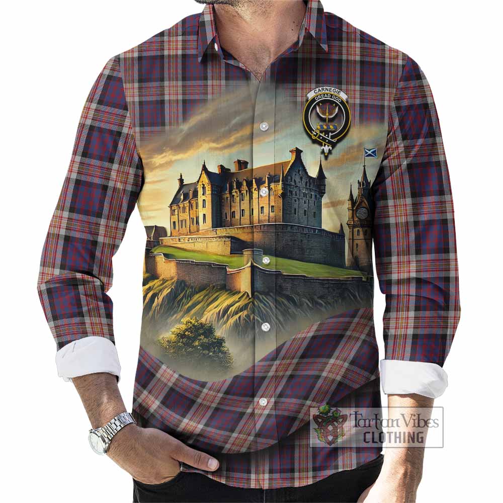 Tartan Vibes Clothing Carnegie Tartan Family Crest Long Sleeve Button Shirt with Scottish Ancient Castle Style
