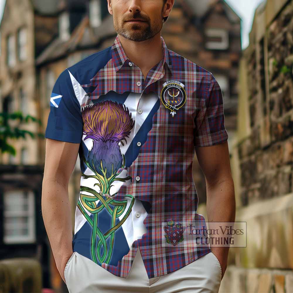 Tartan Vibes Clothing Carnegie Tartan Family Crest Short Sleeve Button Shirt Scottish Thistle Celtic Inspired