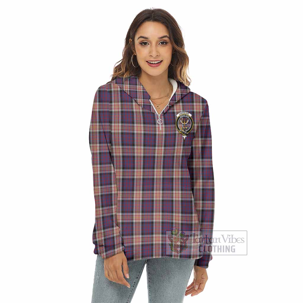 Carnegie Tartan Women's Borg Fleece Hoodie with Half Zip with Family Crest - Tartan Vibes Clothing