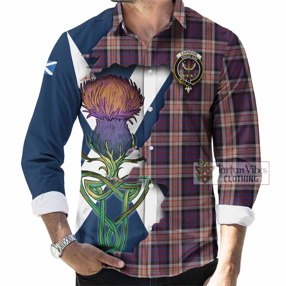 Tartan Vibes Clothing Carnegie Tartan Family Crest Long Sleeve Button Shirt Scottish Thistle Celtic Inspired