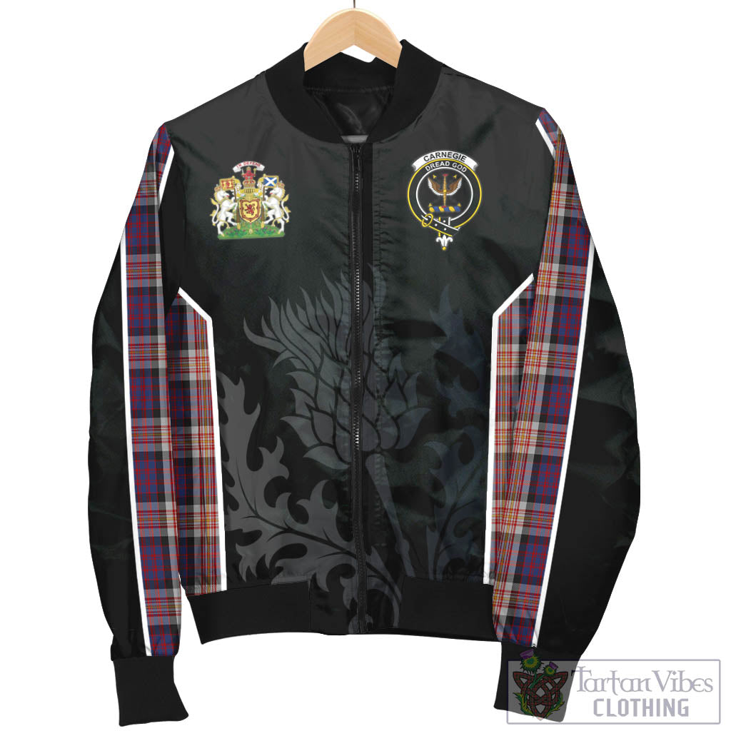 Carnegie Tartan Bomber Jacket with Family Crest and Scottish Thistle Vibes Sport Style - Tartan Vibes Clothing