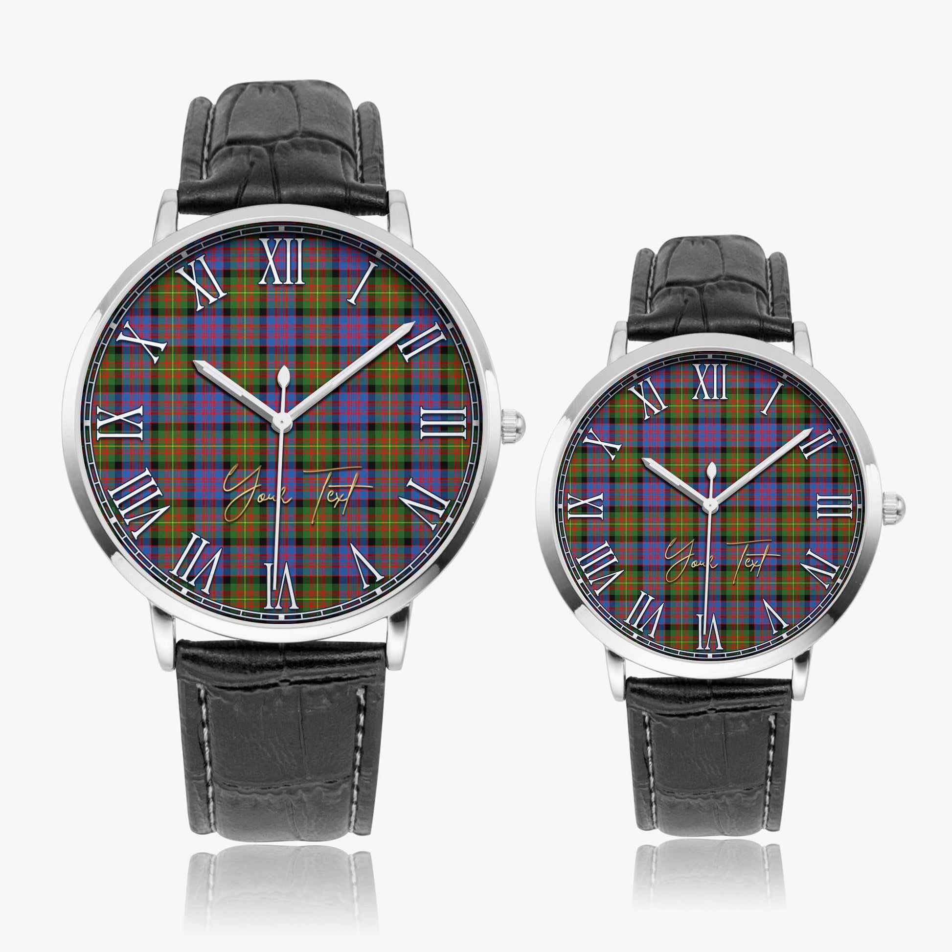 Carnegie Ancient Tartan Personalized Your Text Leather Trap Quartz Watch Ultra Thin Silver Case With Black Leather Strap - Tartanvibesclothing