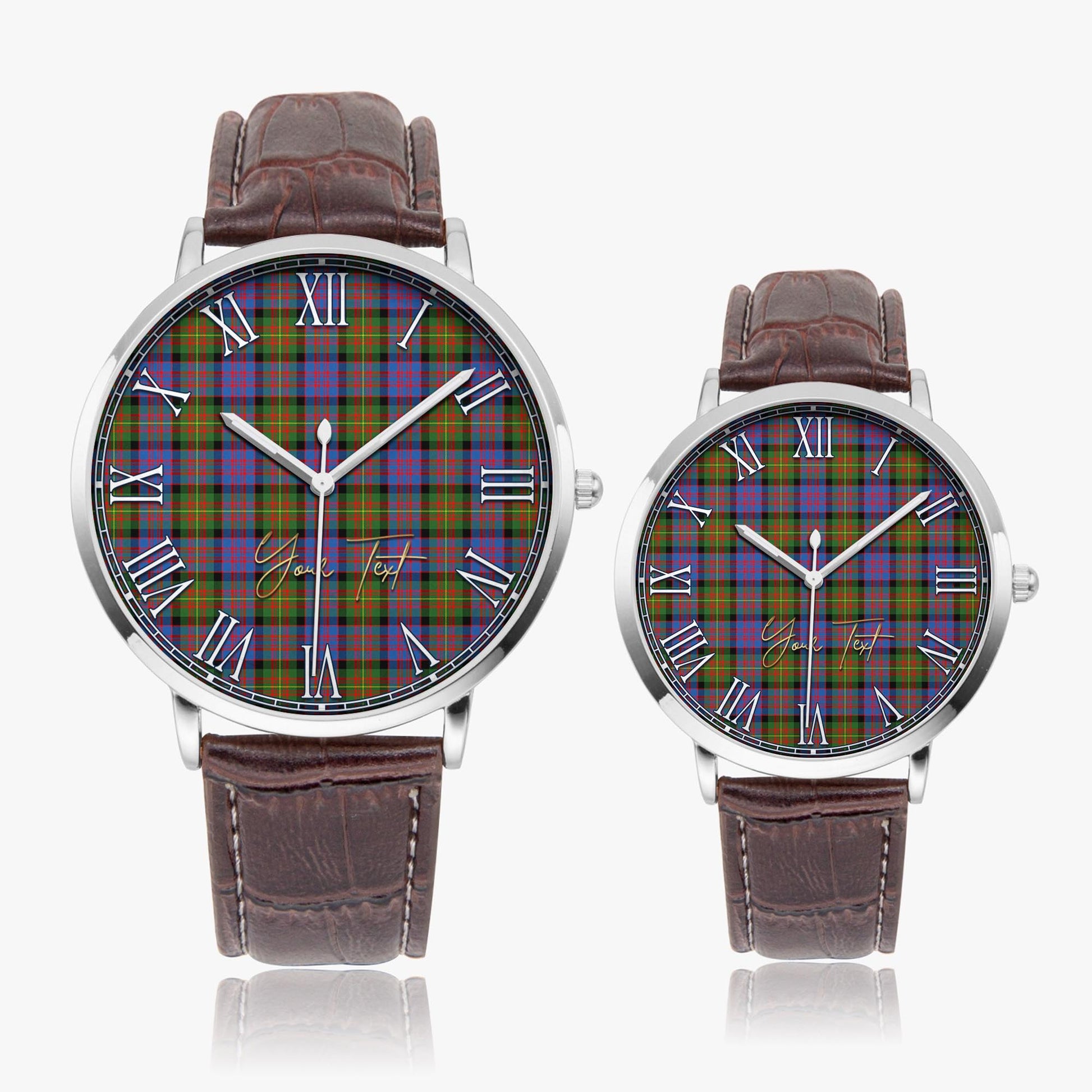 Carnegie Ancient Tartan Personalized Your Text Leather Trap Quartz Watch Ultra Thin Silver Case With Brown Leather Strap - Tartanvibesclothing