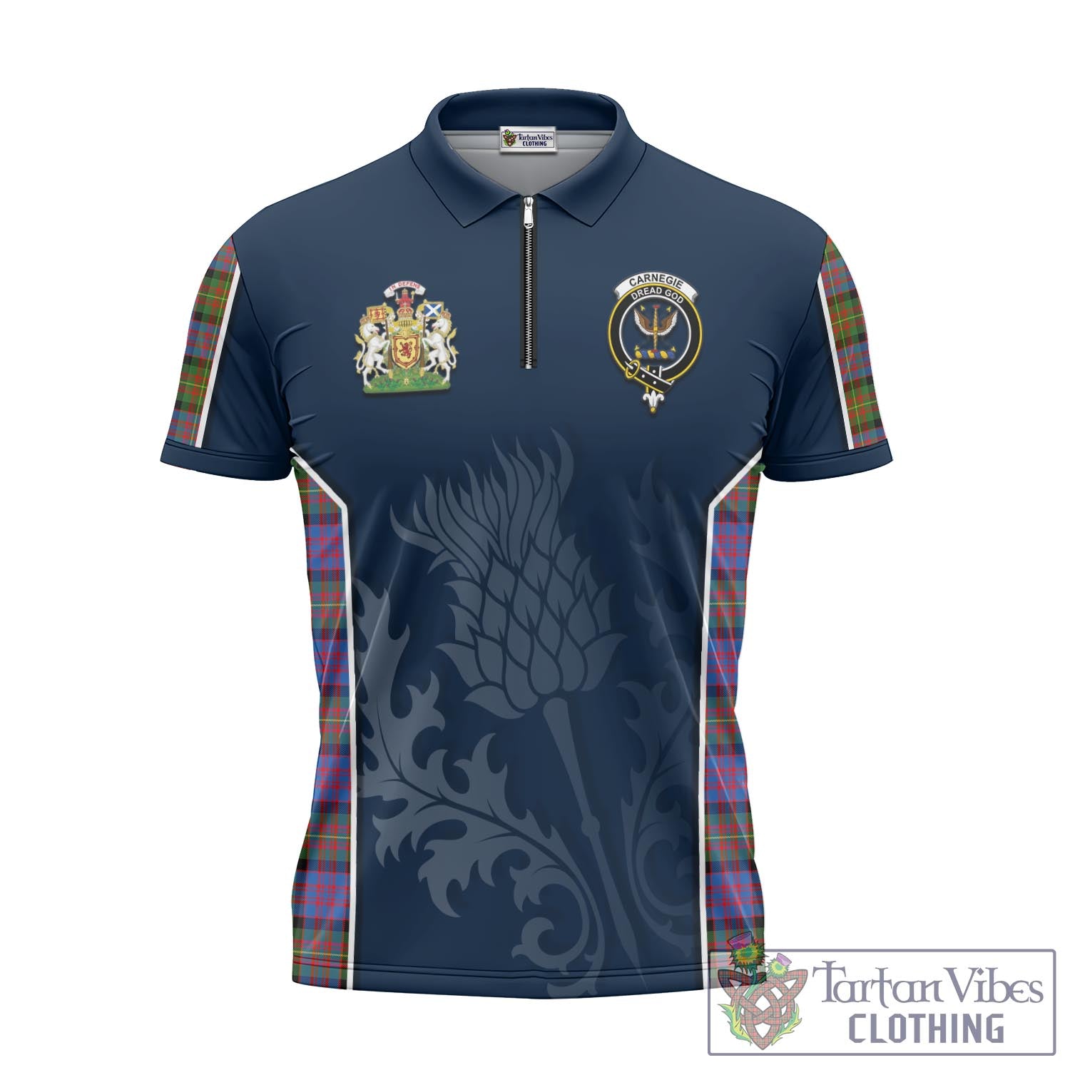 Tartan Vibes Clothing Carnegie Ancient Tartan Zipper Polo Shirt with Family Crest and Scottish Thistle Vibes Sport Style