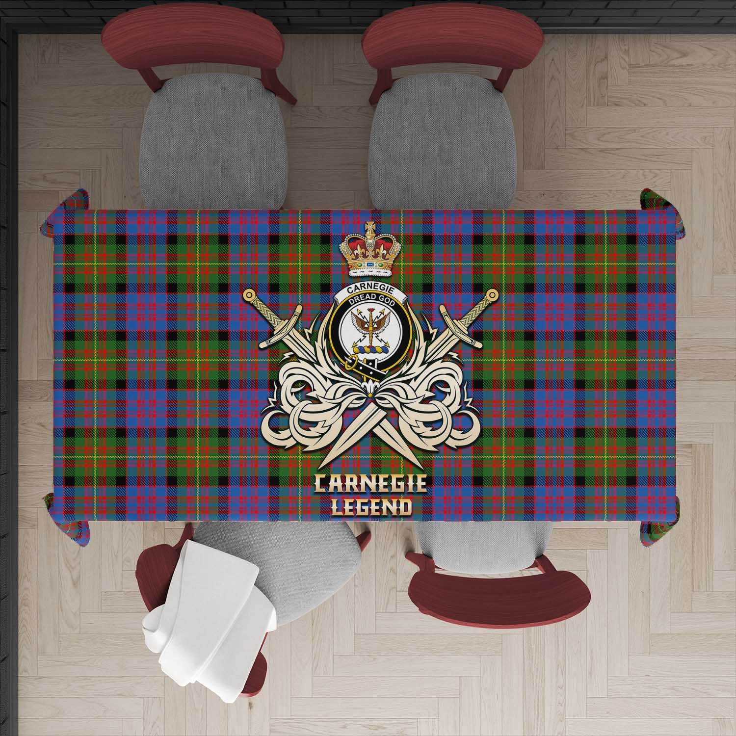 Tartan Vibes Clothing Carnegie Ancient Tartan Tablecloth with Clan Crest and the Golden Sword of Courageous Legacy