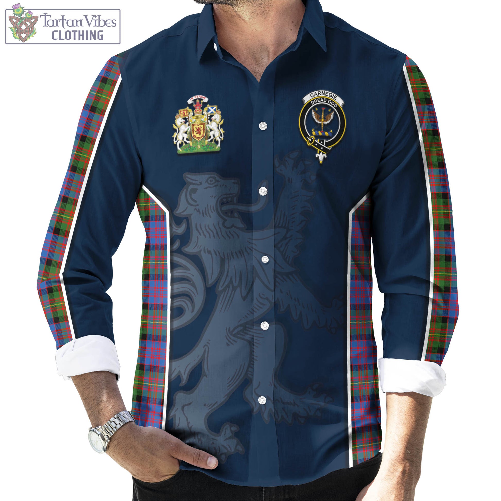Tartan Vibes Clothing Carnegie Ancient Tartan Long Sleeve Button Up Shirt with Family Crest and Lion Rampant Vibes Sport Style