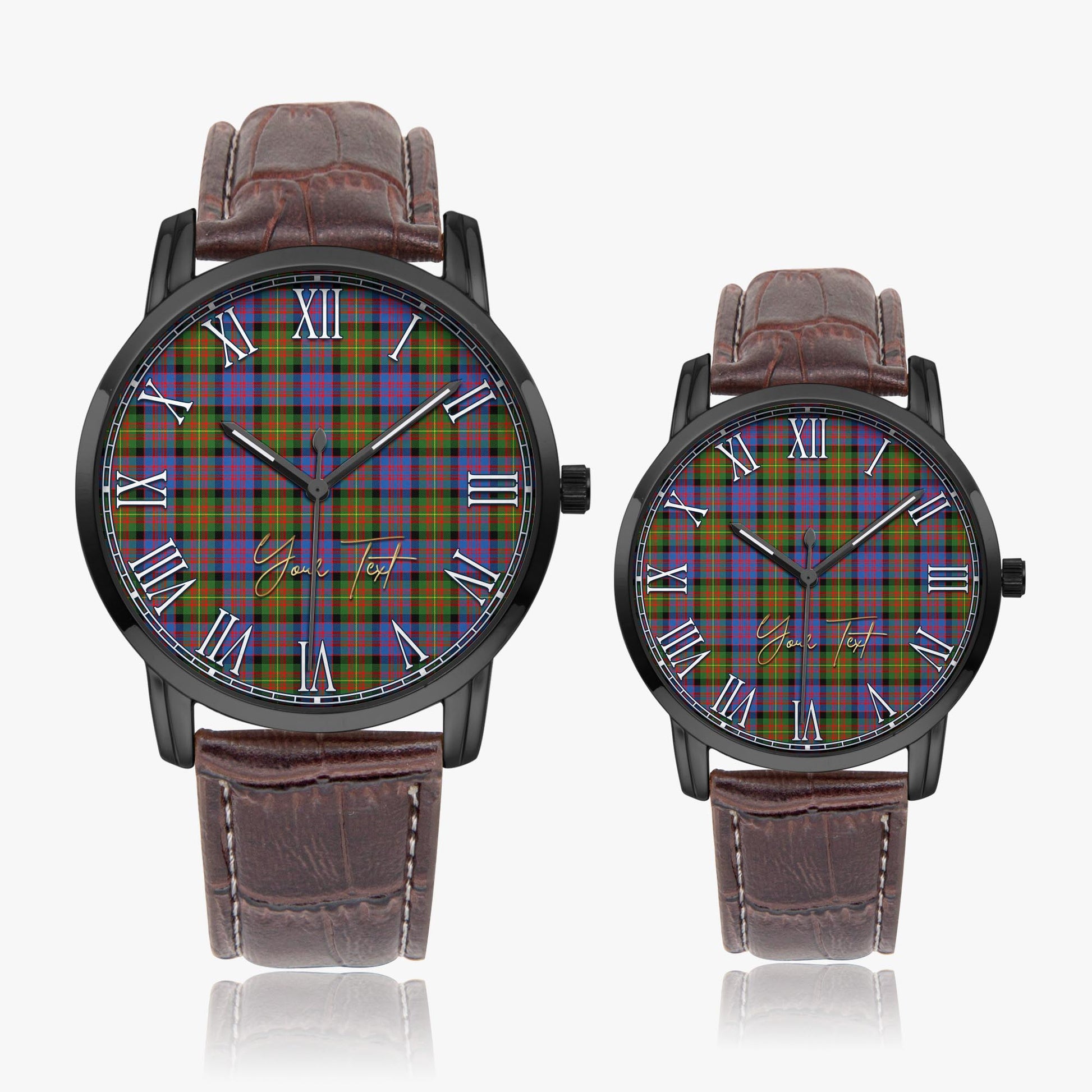 Carnegie Ancient Tartan Personalized Your Text Leather Trap Quartz Watch Wide Type Black Case With Brown Leather Strap - Tartanvibesclothing