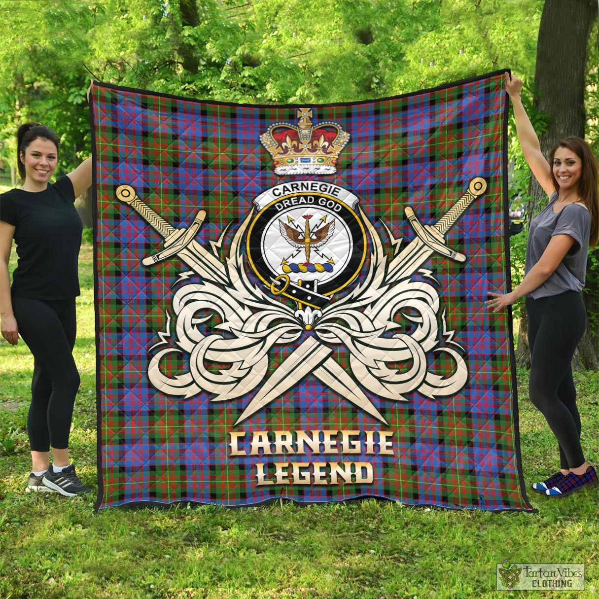 Tartan Vibes Clothing Carnegie Ancient Tartan Quilt with Clan Crest and the Golden Sword of Courageous Legacy