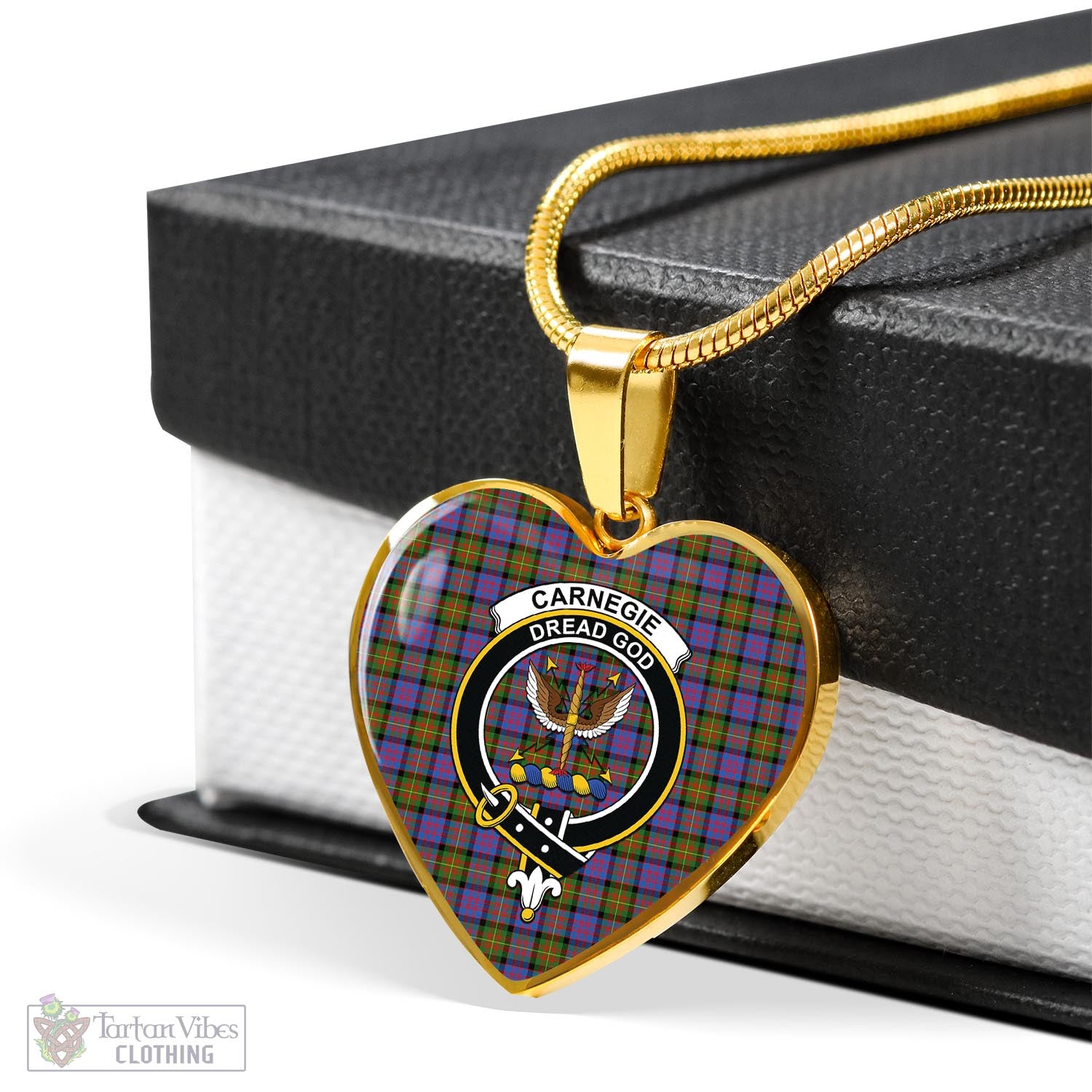 Tartan Vibes Clothing Carnegie Ancient Tartan Heart Necklace with Family Crest
