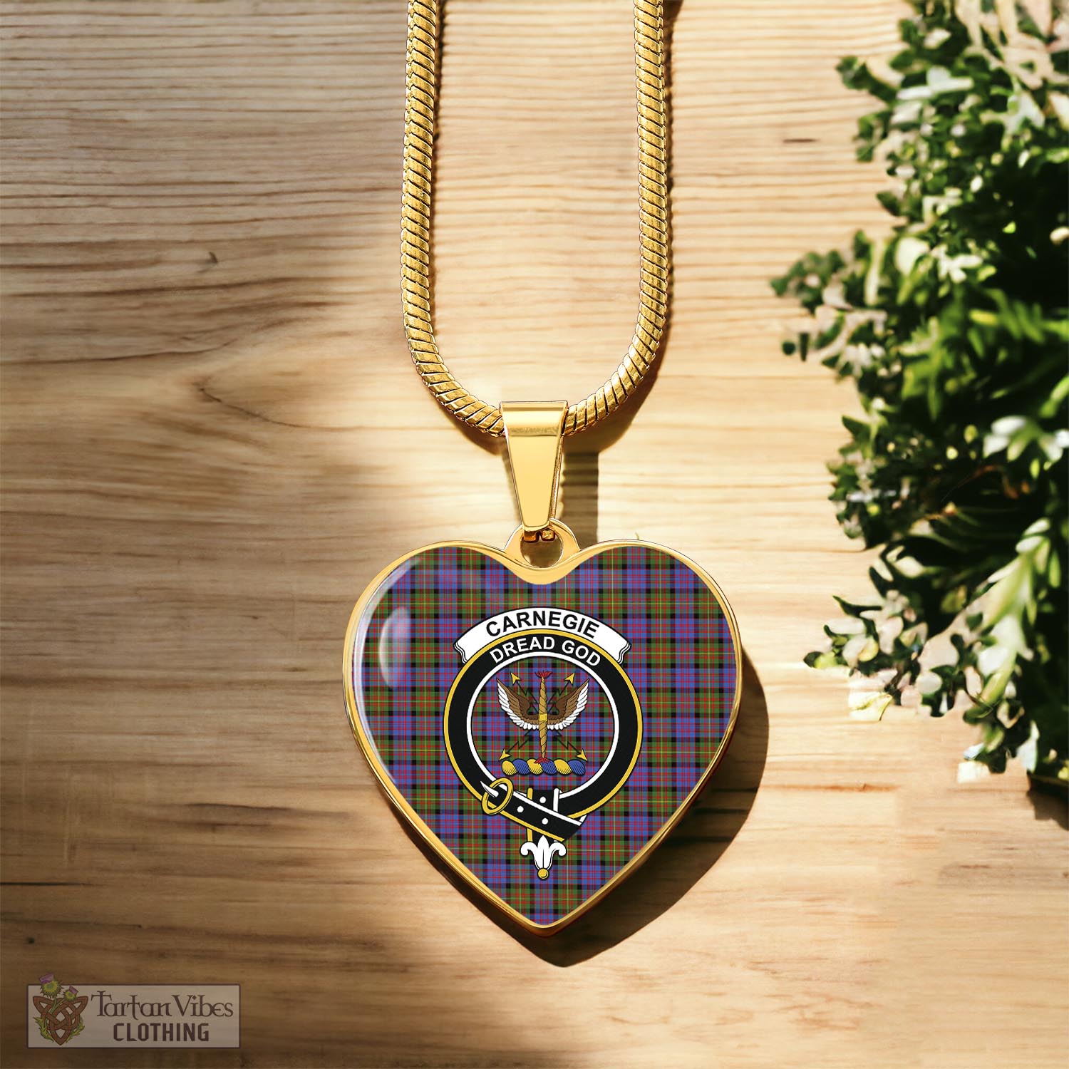 Tartan Vibes Clothing Carnegie Ancient Tartan Heart Necklace with Family Crest