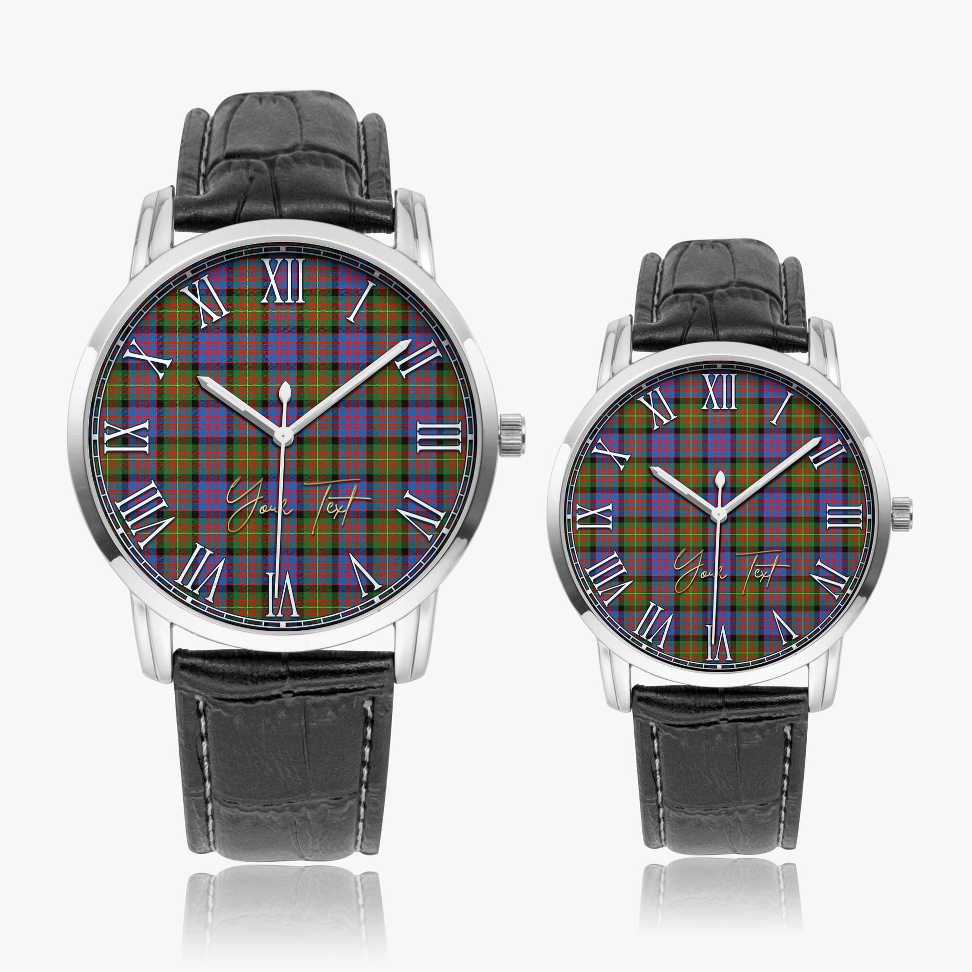 Carnegie Ancient Tartan Personalized Your Text Leather Trap Quartz Watch Wide Type Silver Case With Black Leather Strap - Tartanvibesclothing