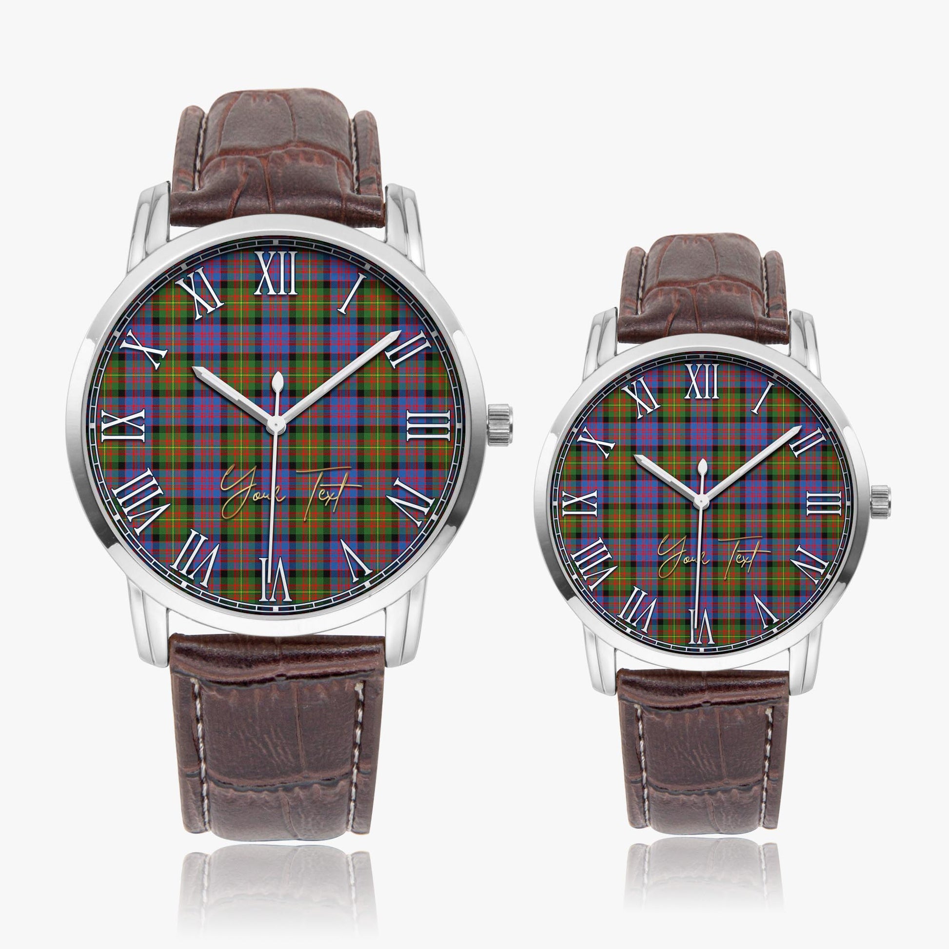 Carnegie Ancient Tartan Personalized Your Text Leather Trap Quartz Watch Wide Type Silver Case With Brown Leather Strap - Tartanvibesclothing