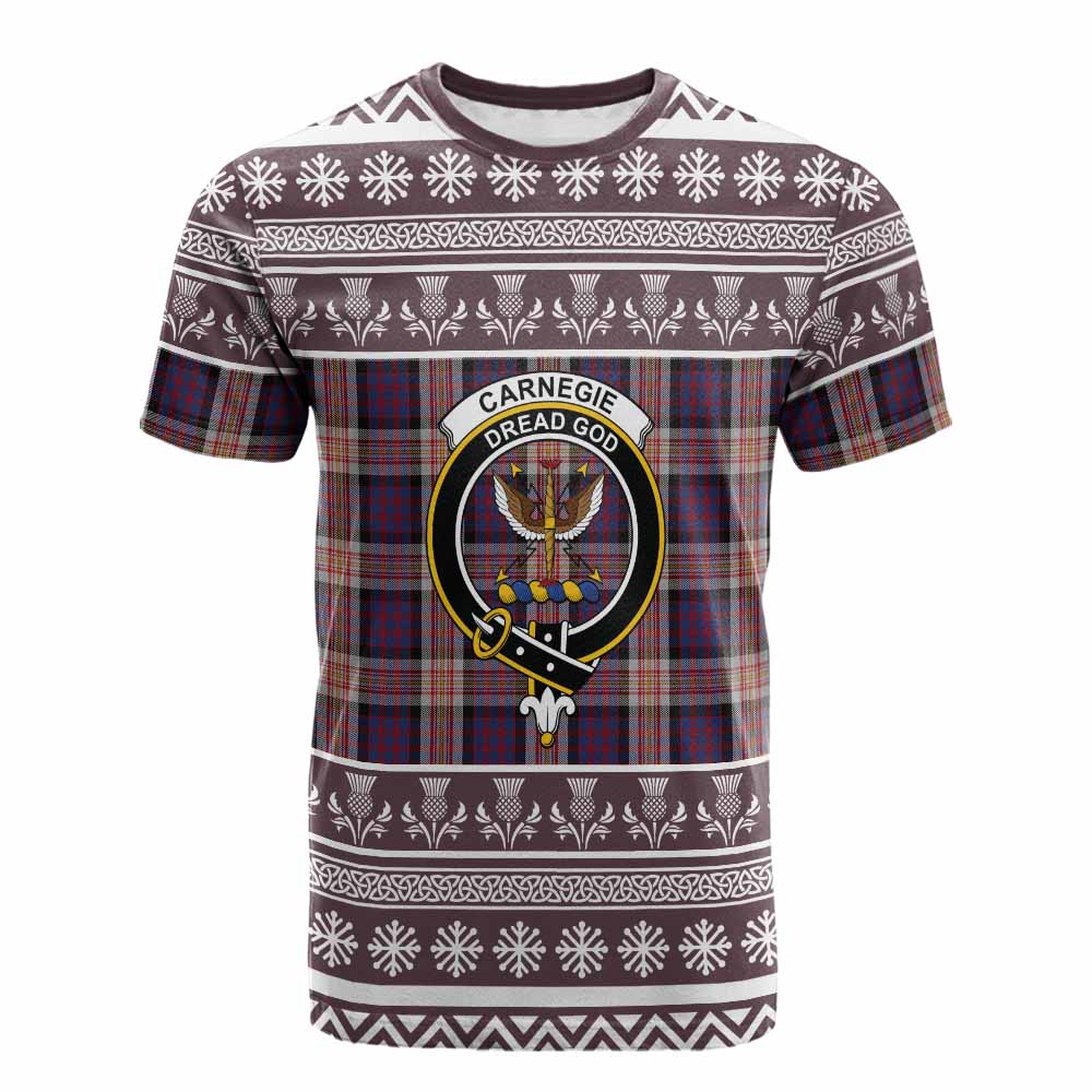 Carnegie Clan Tartan Christmas Cotton T-shirt with Family Crest - Tartan Vibes Clothing