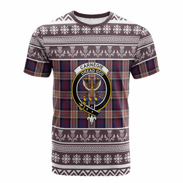 Carnegie Clan Tartan Christmas Cotton T-shirt with Family Crest
