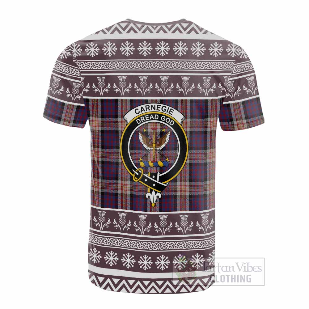 Carnegie Clan Tartan Christmas Cotton T-shirt with Family Crest - Tartan Vibes Clothing