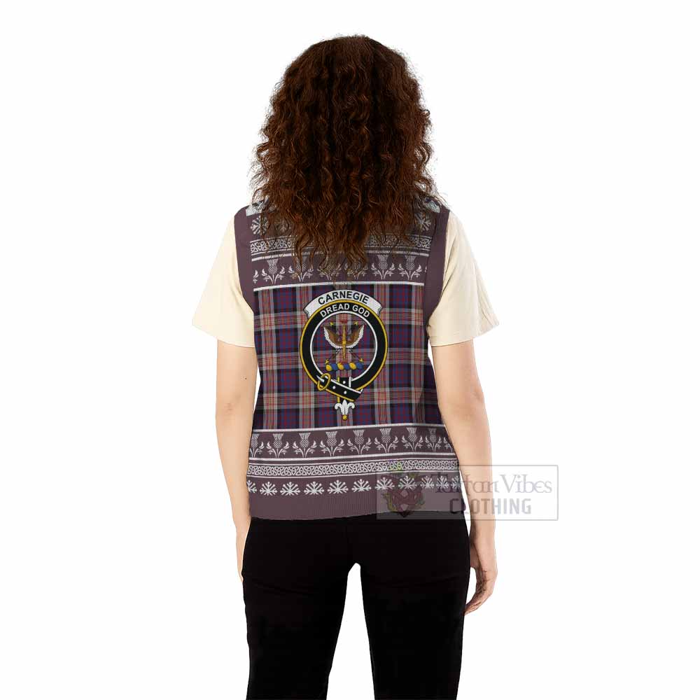 Carnegie Clan Tartan Christmas Knitted V-Neck Vest with Family Crest - Tartan Vibes Clothing