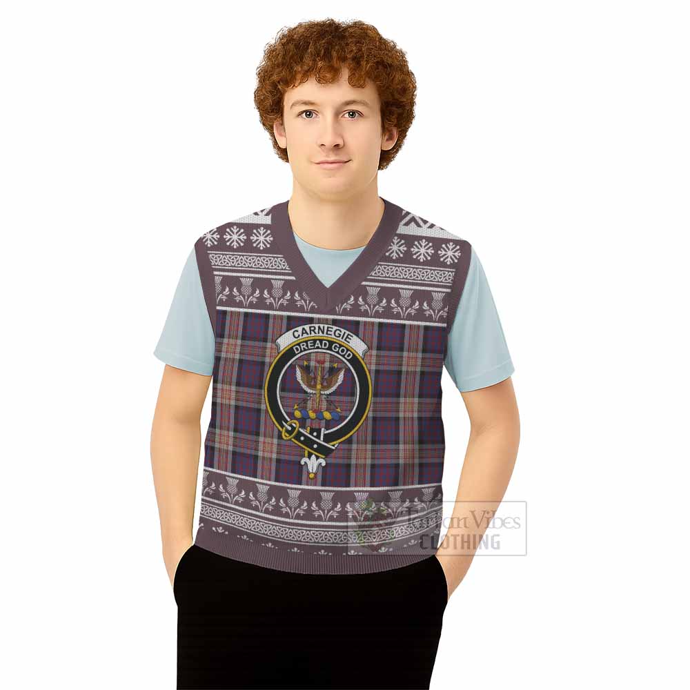 Carnegie Clan Tartan Christmas Knitted V-Neck Vest with Family Crest - Tartan Vibes Clothing