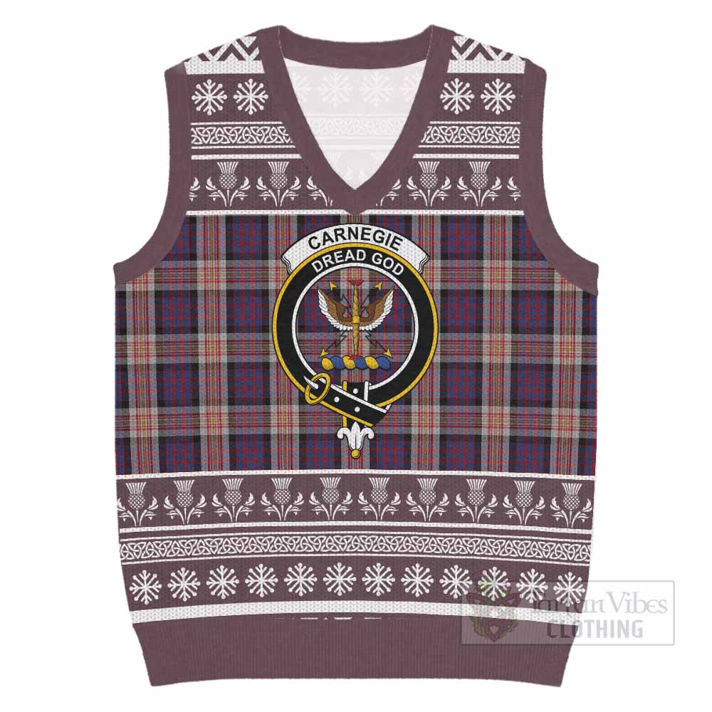 Carnegie Clan Tartan Christmas Knitted V-Neck Vest with Family Crest - Tartan Vibes Clothing