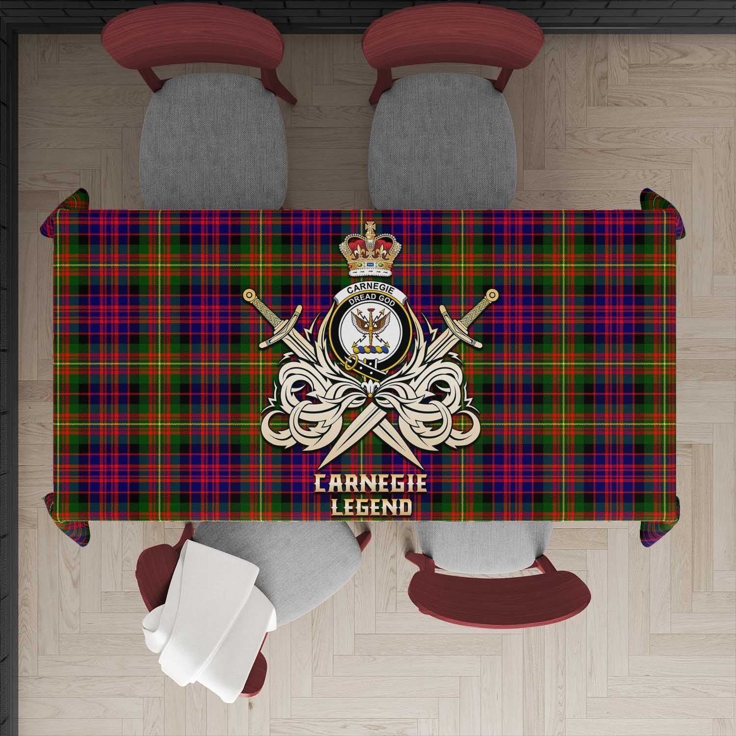 Tartan Vibes Clothing Carnegie Modern Tartan Tablecloth with Clan Crest and the Golden Sword of Courageous Legacy