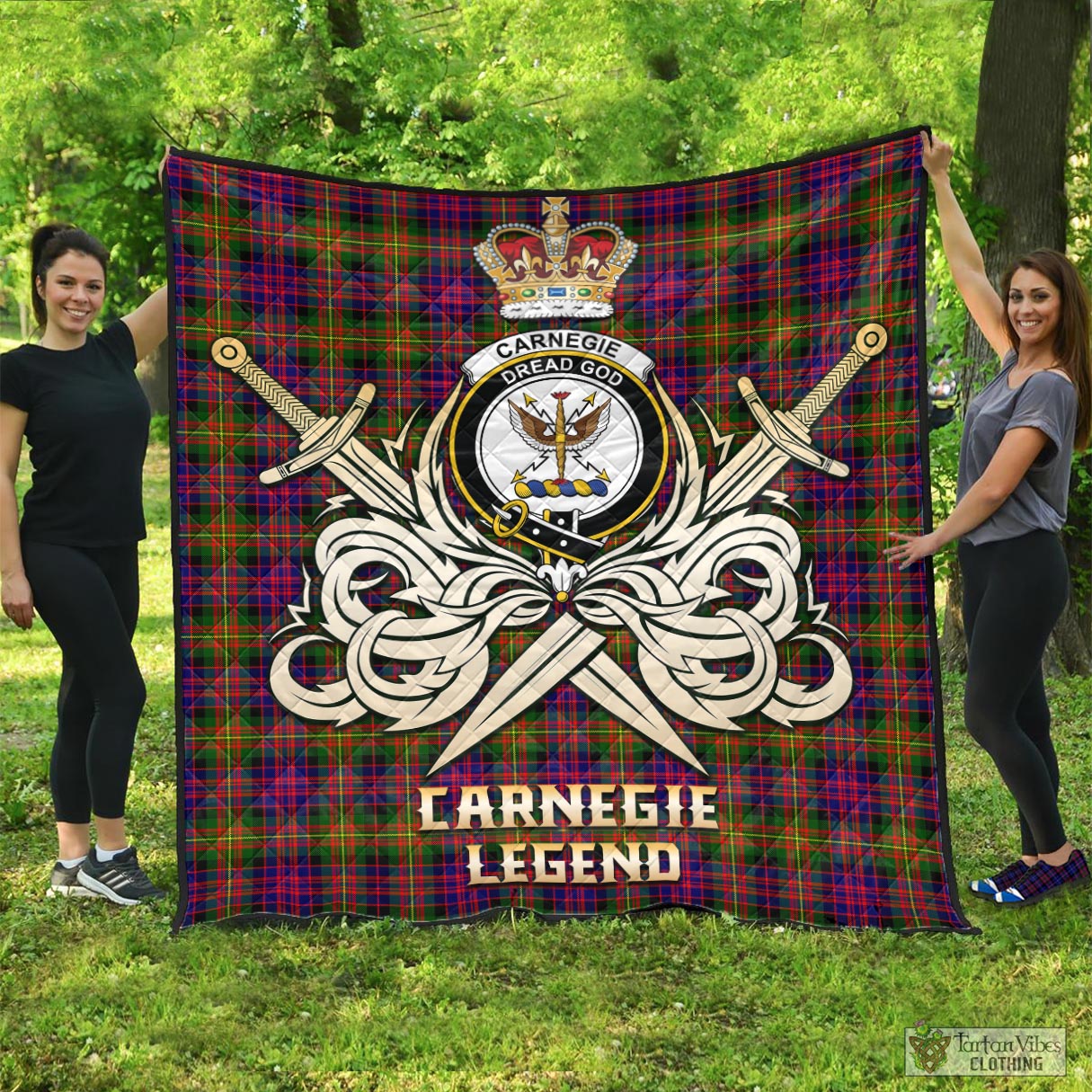 Tartan Vibes Clothing Carnegie Modern Tartan Quilt with Clan Crest and the Golden Sword of Courageous Legacy