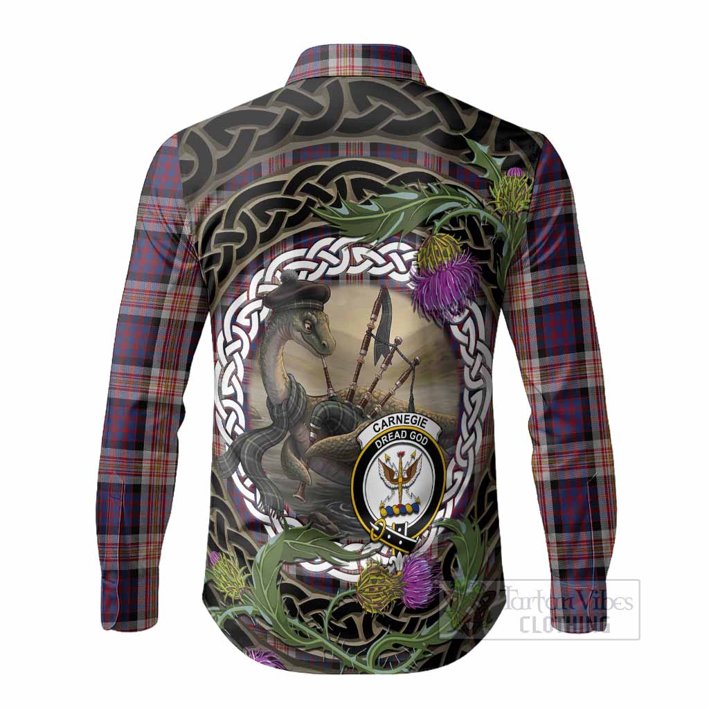 Carnegie Tartan Crest Bagpipe Nessie Long Sleeve Button Shirts Scottish Loch Ness Monster Celtic Thistle