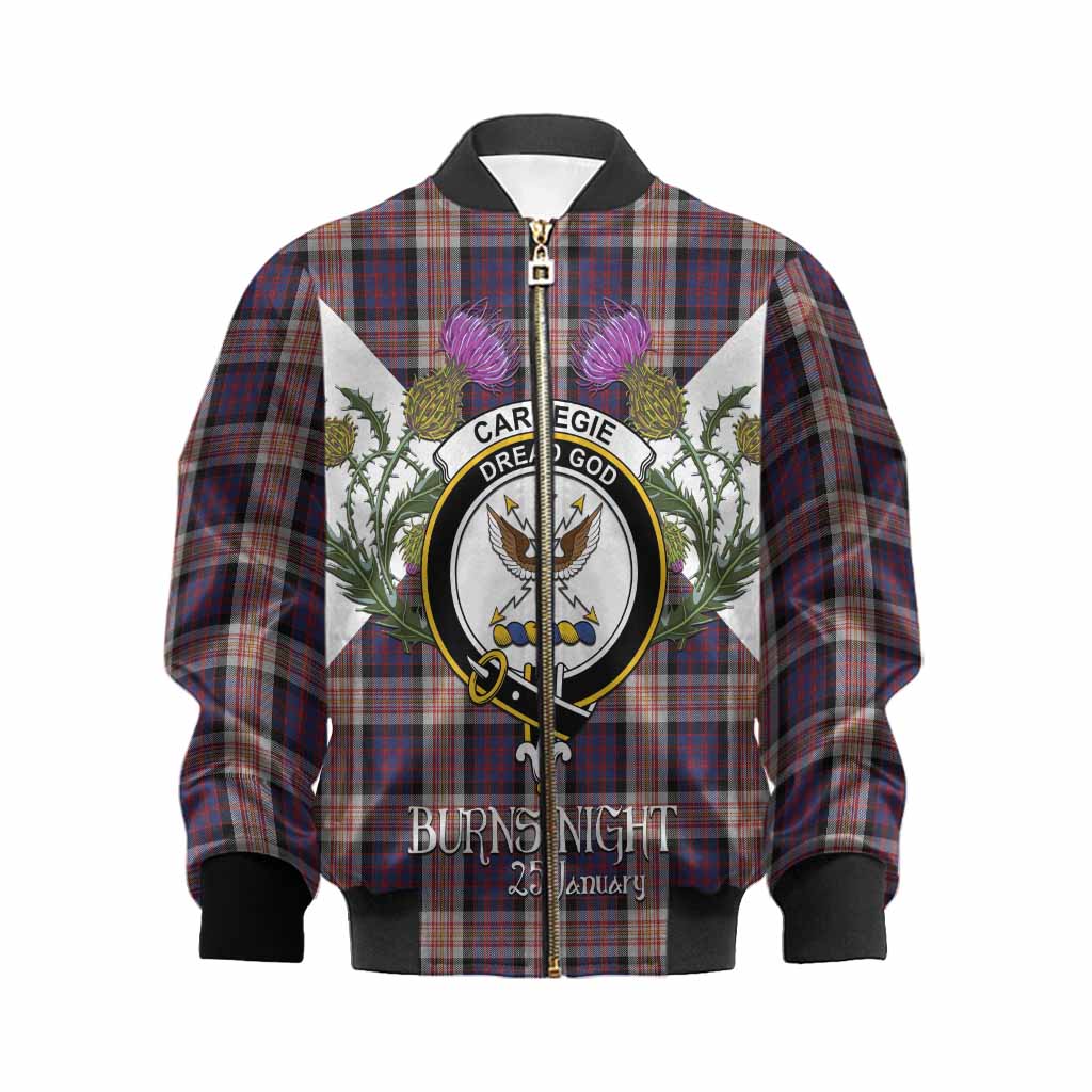 Carnegie Tartan Family Crest Kid Bomber Jacket Scottish Burns Night Thistle Floral