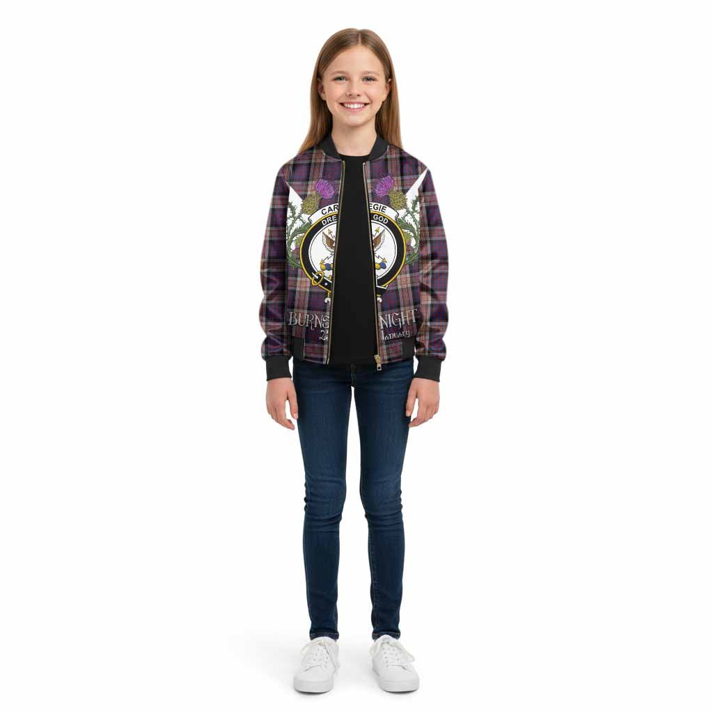 Carnegie Tartan Family Crest Kid Bomber Jacket Scottish Burns Night Thistle Floral