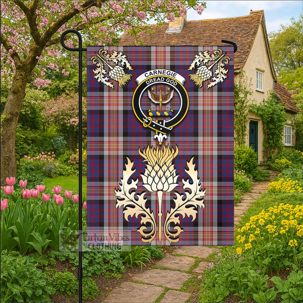 Carnegie Tartan Garden Flag with Golden Regal Scottish Thistle Emblem - Tartan Vibes Clothing