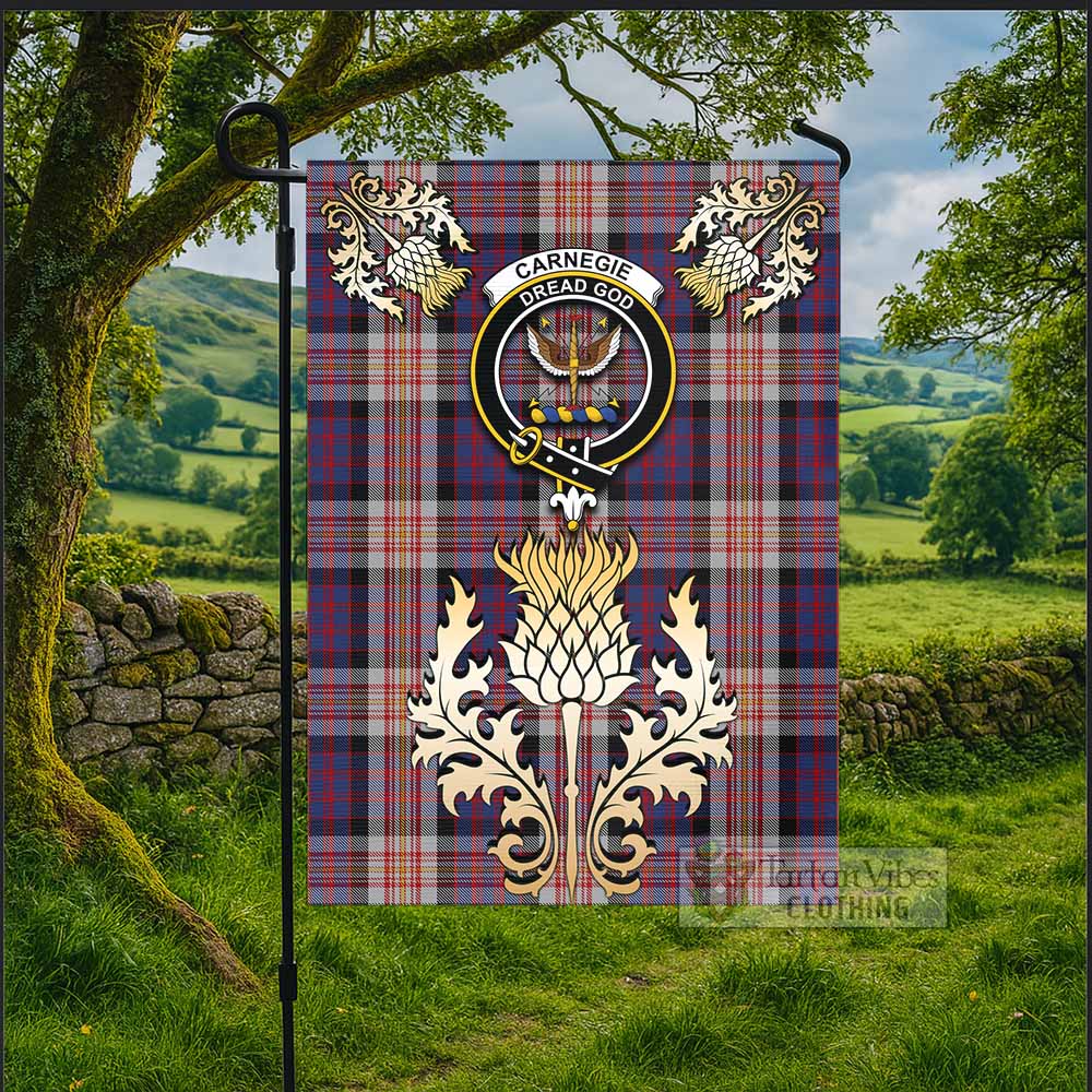 Carnegie Tartan Garden Flag with Golden Regal Scottish Thistle Emblem - Tartan Vibes Clothing
