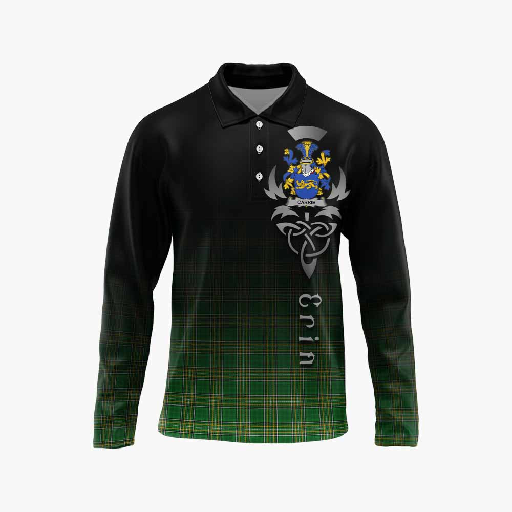 Tartan Vibes Clothing Carrie Irish Clan Long Sleeve Polo Shirt with Coat of Arms Erin Go Bragh Celtic Inspired