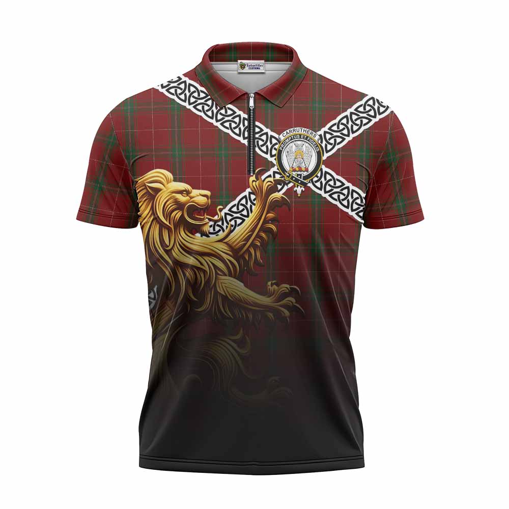 Tartan Vibes Clothing Carruthers Crest Tartan Zipper Polo Shirt with Golden Lion Emblem Celtic Style