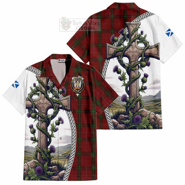 Carruthers Tartan Hawaiian Shirt with Family Crest and St. Andrew's Cross Accented by Thistle Vines