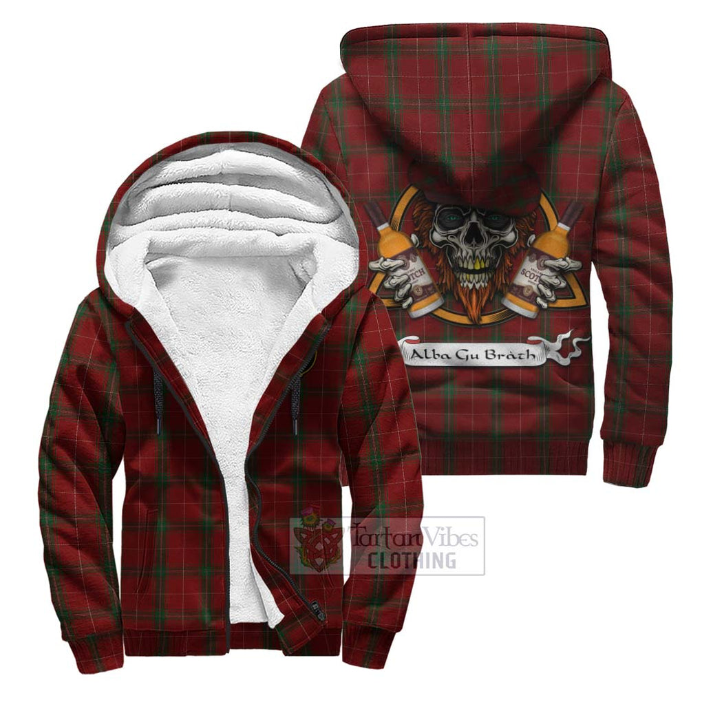 Tartan Vibes Clothing Carruthers Tartan Sherpa Hoodie with Family Crest and Bearded Skull Holding Bottles of Whiskey