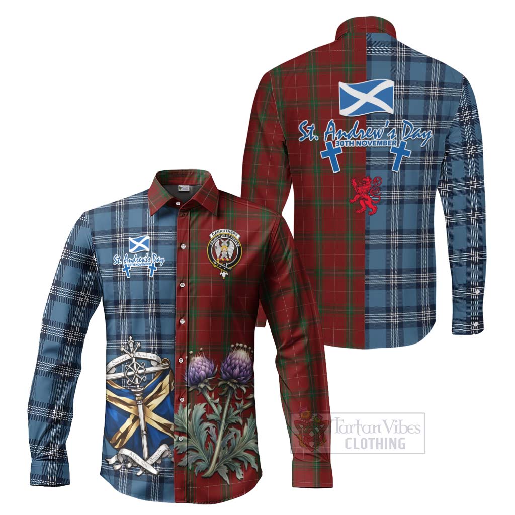 Tartan Vibes Clothing Carruthers Tartan Long Sleeve Button Shirt Happy St. Andrew's Day Half Tartan Style