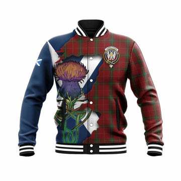 Tartan Vibes Clothing Carruthers Tartan Family Crest Baseball Jacket Scottish Thistle Celtic Inspired