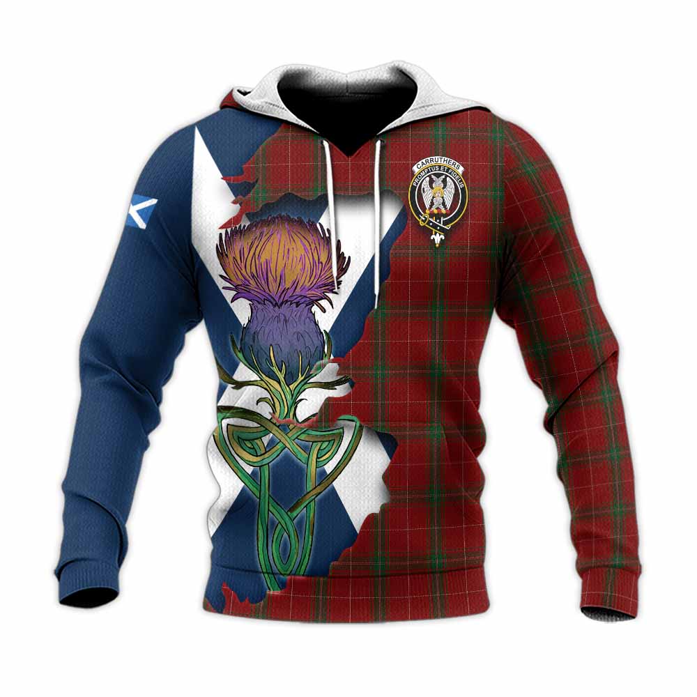 Tartan Vibes Clothing Carruthers Tartan Family Crest Knitted Hoodie Scottish Thistle Celtic Inspired