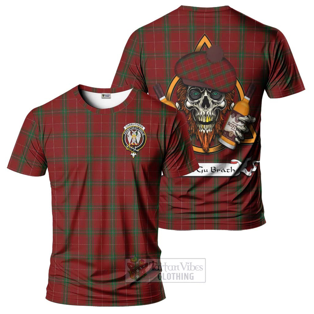 Tartan Vibes Clothing Carruthers Tartan T-Shirt with Family Crest and Bearded Skull Holding Bottles of Whiskey