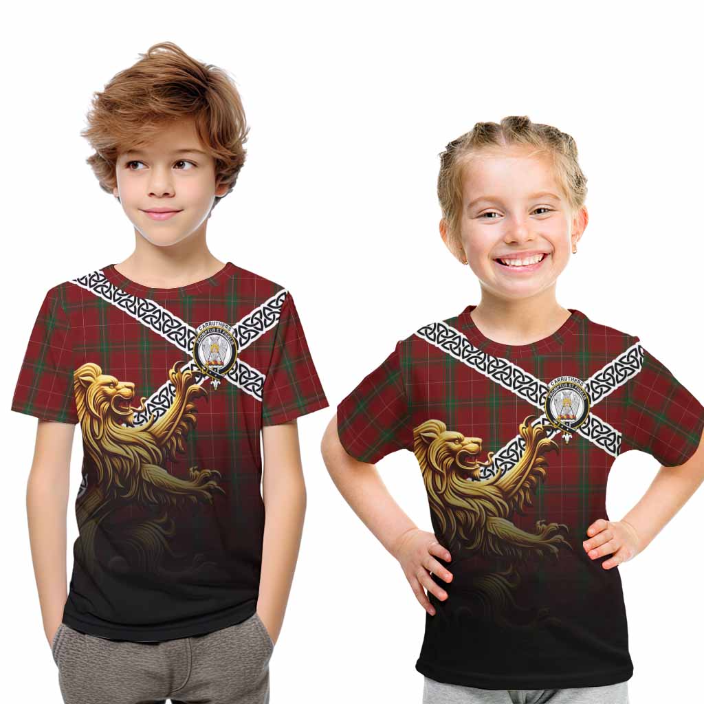 Tartan Vibes Clothing Carruthers Crest Tartan Kid T-Shirt with Golden Lion Emblem Celtic Style