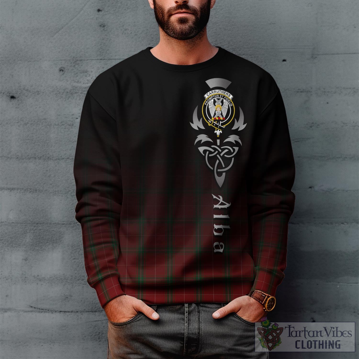 Tartan Vibes Clothing Carruthers Tartan Sweatshirt Featuring Alba Gu Brath Family Crest Celtic Inspired