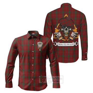 Tartan Vibes Clothing Carruthers Tartan Long Sleeve Button Shirt with Family Crest and Bearded Skull Holding Bottles of Whiskey