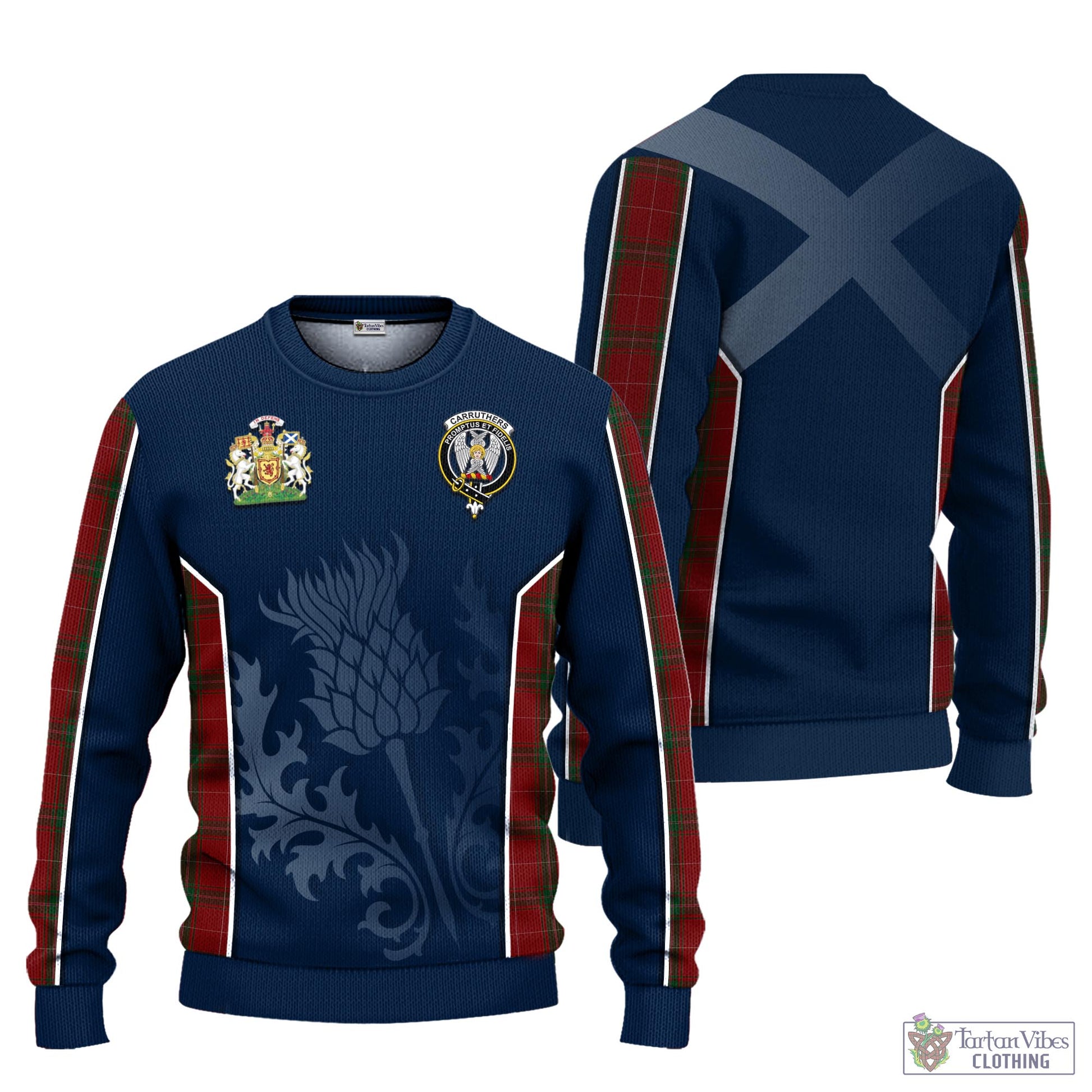 Tartan Vibes Clothing Carruthers Tartan Knitted Sweatshirt with Family Crest and Scottish Thistle Vibes Sport Style