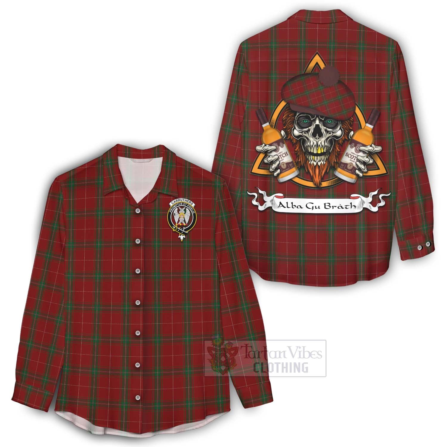 Tartan Vibes Clothing Carruthers Tartan Women's Casual Shirt with Family Crest and Bearded Skull Holding Bottles of Whiskey