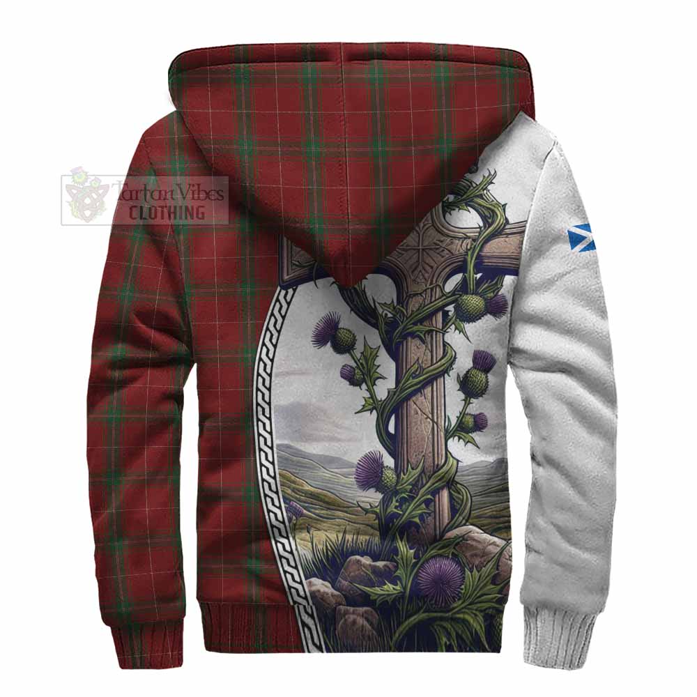 Tartan Vibes Clothing Carruthers Tartan Sherpa Hoodie with Family Crest and St. Andrew's Cross Accented by Thistle Vines
