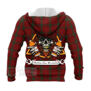 Carruthers Tartan Knitted Hoodie with Family Crest and Bearded Skull Holding Bottles of Whiskey
