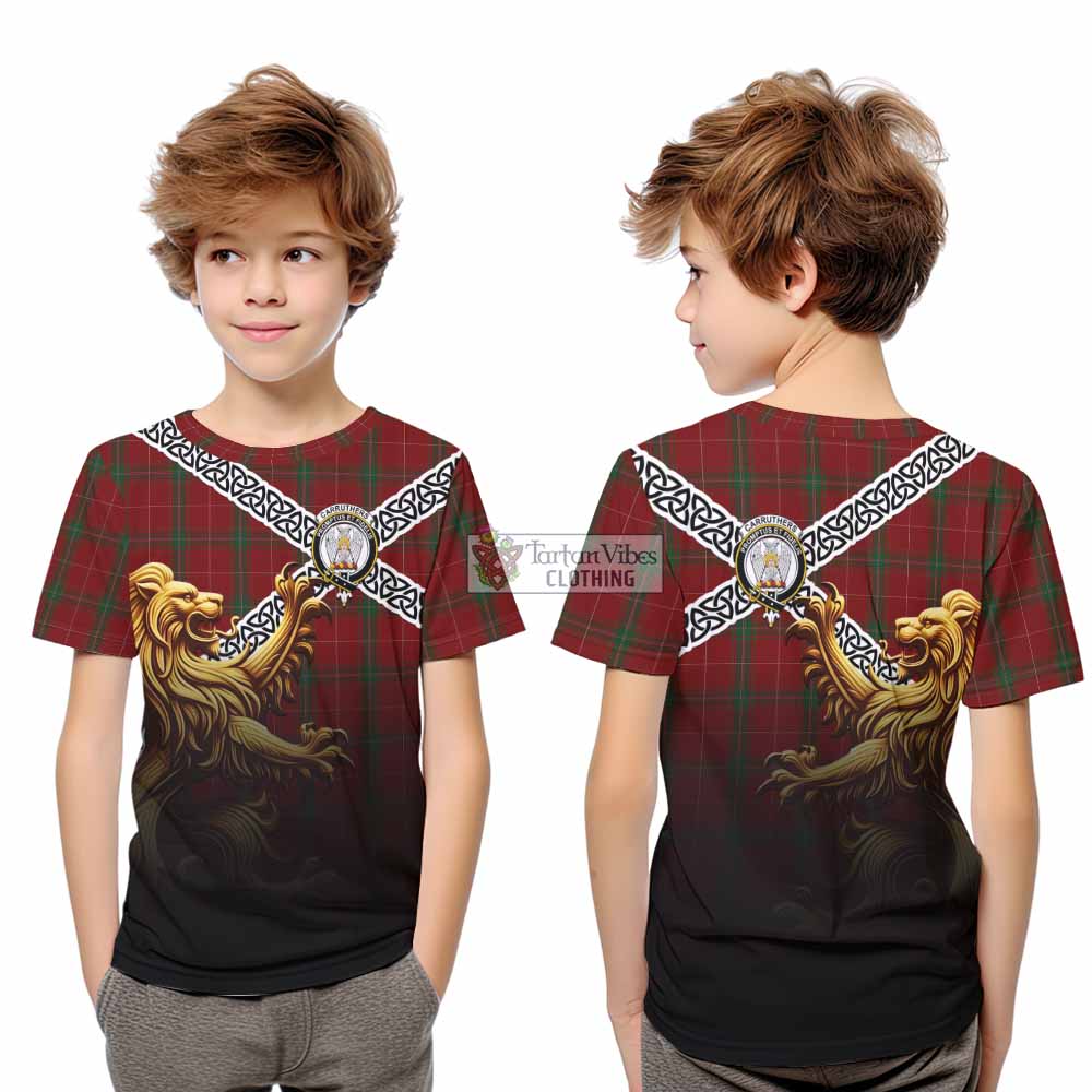 Tartan Vibes Clothing Carruthers Crest Tartan Kid T-Shirt with Golden Lion Emblem Celtic Style